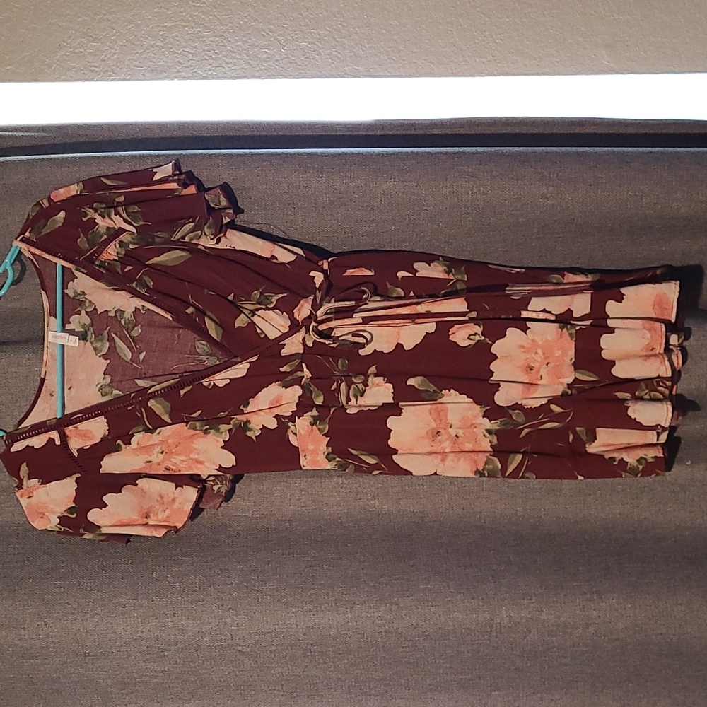 Cross Tie Maroon and Pink Floral Dress
